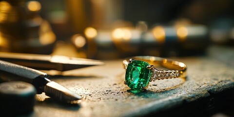 jeweler setting gems into jewelry, green emerald ring, master craftsman with tools