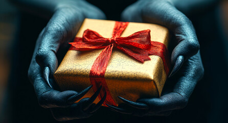 Mysterious figure presents a golden gift box. A shadowy figure with dark hands holds a beautifully wrapped gift box, adorned with a red ribbon, inviting curiosity.