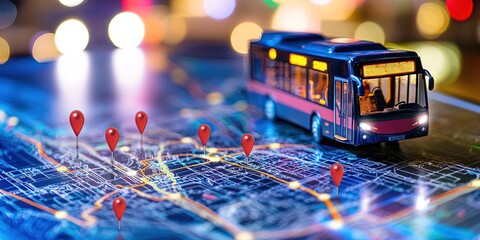 city bus along with pins and a route mapped across city