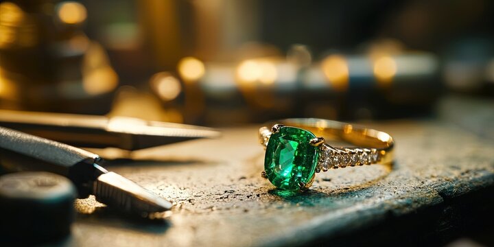 jeweler setting gems into jewelry, green emerald ring, master craftsman with tools - Powered by Adobe