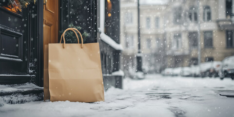 Paper bag with food delivery in front of house entrance at winter. Grocery order delivered contact free. Takeout food left at door mat. Celebrating Christmas.