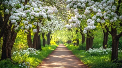 Obraz premium A serene pathway lined with blooming trees and lush greenery, inviting peaceful strolls.
