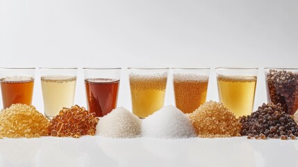 Different Types of Sugar and Syrups in Glasses.