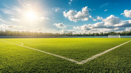 well-maintained soccer pitch with vibrant green grass, clear white lines, and a bright, sunny day with distant clouds