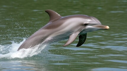 Obraz premium A graceful dolphin leaps joyfully from the tranquil waters, splashing waves beneath the sunlit sky on a serene afternoon