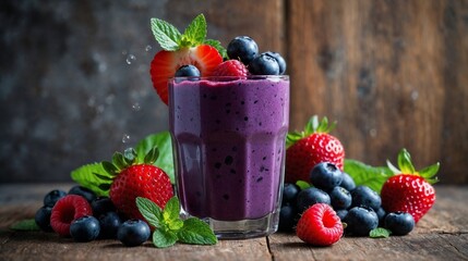 A glass filled with a blend of blueberries, strawberries, raspberries and mint showcasing bright...