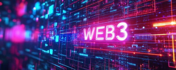 Web3 glowing neon sign in digital world.
