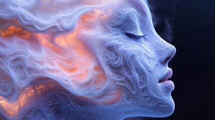 A woman's face is shown with a blue and orange swirl