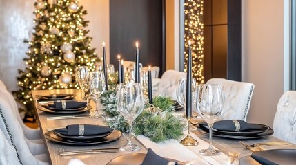 A stylish dining arrangement showcases black plates and elegant glassware surrounded by lush greenery and softly flickering candles, highlighting modern design elements
