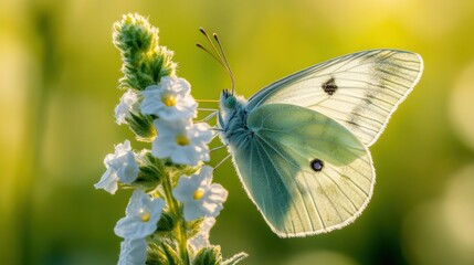 A delicate white butterfly with black spots perches on a stalk of white flowers, bathed in soft sunlight.
