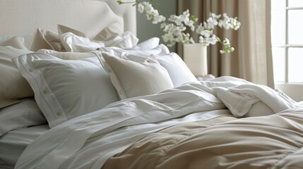 Indulge in a serene slumber with our highthreadcount linens featuring a muted color scheme for a touch of sophistication.