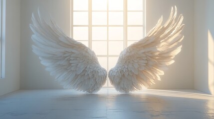 The wings of a white angel are spread out in a room with a window