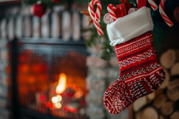 A festive red and white Christmas stocking is suspended above a glowing fireplace. Candy canes peek out, adding cheer to the warm holiday atmosphere