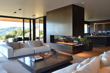 Double-sided contemporary fireplace in a spacious open-concept living room, with elegant metallic finishes.
