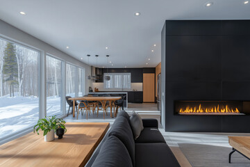 Linear gas fireplace with a modern design, integrated into a sleek black accent wall in a minimalist living space.