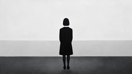 Obraz premium Woman in Black Coat Facing Wall.