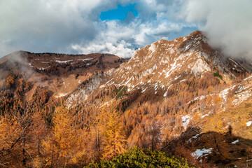 Trekking in a cloudly autumn day in the Dolomiti Friulane, Friuli-Venezia Giulia