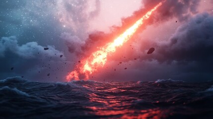 Fiery Meteorite Crashing into the Ocean.