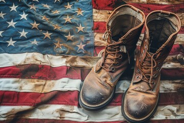 Leather boots sit atop a faded American flag, showcasing their worn texture and history, embodying a connection to heritage and the spirit of resilience.