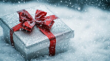 A silver gift box with a red bow sits on a snowy surface, snowflakes falling around it.