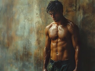 Muscular Man in the Rain: A Portrait of Strength and Vulnerability
