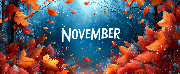 Autumn leaves brighten November's forest. Vibrant autumn leaves surround the word November in a tranquil forest, creating a captivating seasonal atmosphere.