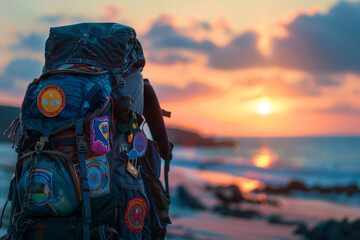 A rugged backpack adorned with patches stands on the sand as the sun sets over the horizon. Warm colors blend beautifully around the ocean waves, creating a serene atmosphere