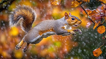 Obraz premium A gray squirrel with a bushy tail leaps through the air, surrounded by a flurry of falling leaves.