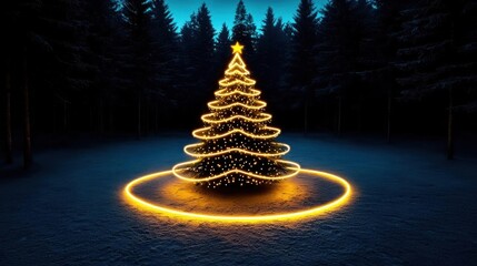 A tall Christmas tree in the middle of a snowy forest with twinkling lights