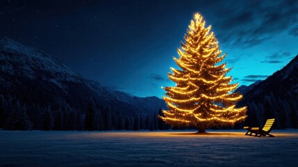 A tall Christmas tree in the middle of a snowy forest with twinkling lights