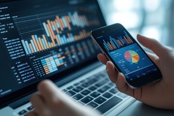 Person analyzing financial data on a smartphone and laptop with charts and graphs