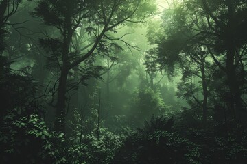 Fototapeta premium A vibrant forest filled with towering trees and dense vegetation is shrouded in fog, creating an enchanting and serene early morning atmosphere in a tropical region.