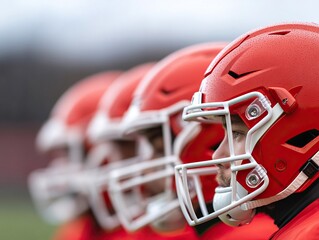 A close-up shot of football players in orange helmets, lined up, showcasing their focus and teamwork on a rainy day.