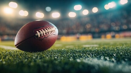 American football placed on a stadium field with glowing lights and goalposts in the background