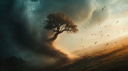 A lone tree stands strong against a powerful tornado, with debris and dust swirling around it, a dramatic and surreal depiction of nature's fury.