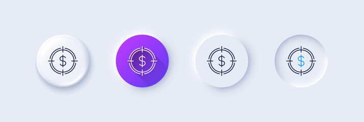Target with Dollar line icon. Neumorphic, Purple gradient, 3d pin buttons. Aim symbol. Cash or Money sign. Line icons. Neumorphic buttons with outline signs. Vector