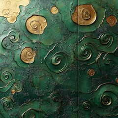 Naklejka premium Intricate embossed swirls in gold and green create a mesmerizing, textured surface.