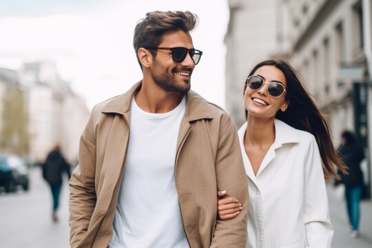A young couple walks closely together on a bustling city street. They are casually dressed and smiling, enjoying a warm, sunny day while sharing a moment of affection