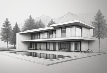 A monochrome illustration featuring a house surrounded by trees and bushes,