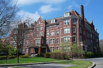 Naklejka premium A large, vintage brick structure showcases detailed architectural features, set against a backdrop of blue skies and newly sprouted trees on a bright day.