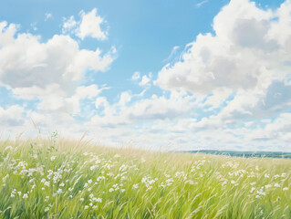 Summer Meadow Landscape with Blue Sky and White Clouds