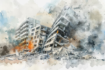 A residential building lies in ruins after a powerful explosion. Debris and smoke fill the air, portraying the aftermath of a catastrophic event in the urban landscape