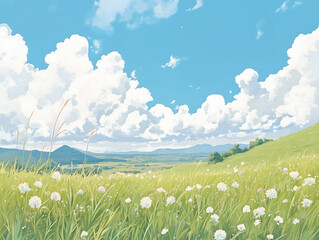Summer Meadow Landscape with White Flowers and Blue Sky