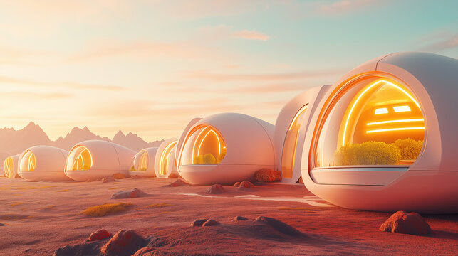Futuristic dome homes on a red planet mars with a sunset sky. - Powered by Adobe
