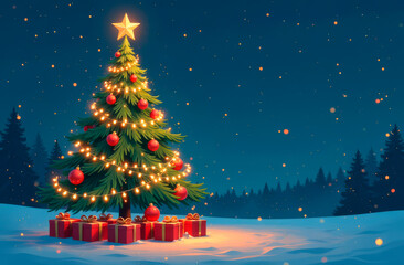 A decorated Christmas tree with a star on top and gifts under the tree on a winter night background