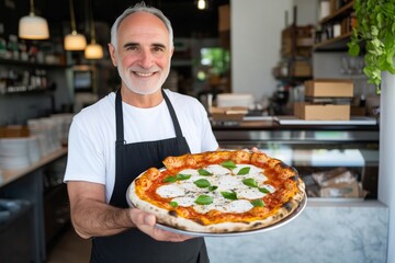 Elderly Chef Presents Freshly Baked Margherita Pizza in a Contemporary Restaurant Setting