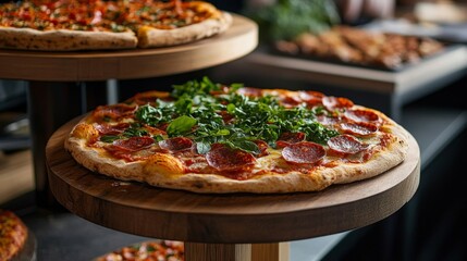 Delicious Pepperoni Pizza with Fresh Green Toppings on Rustic Wooden Stand"**