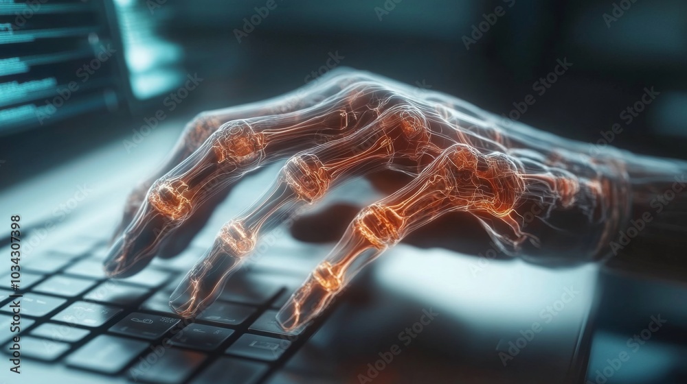 Poster a translucent robotic hand is poised over a laptop keyboard, glowing with orange circuitry. the work