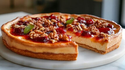 Delicious Berry Cheesecake with Walnuts and Fresh Mint on Marble