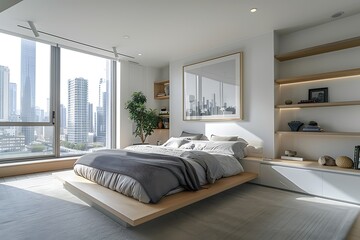 Fototapeta premium Modern Luxury Home Interior Bedroom Design with Mockup Frame , Wall Poster (3d Render)